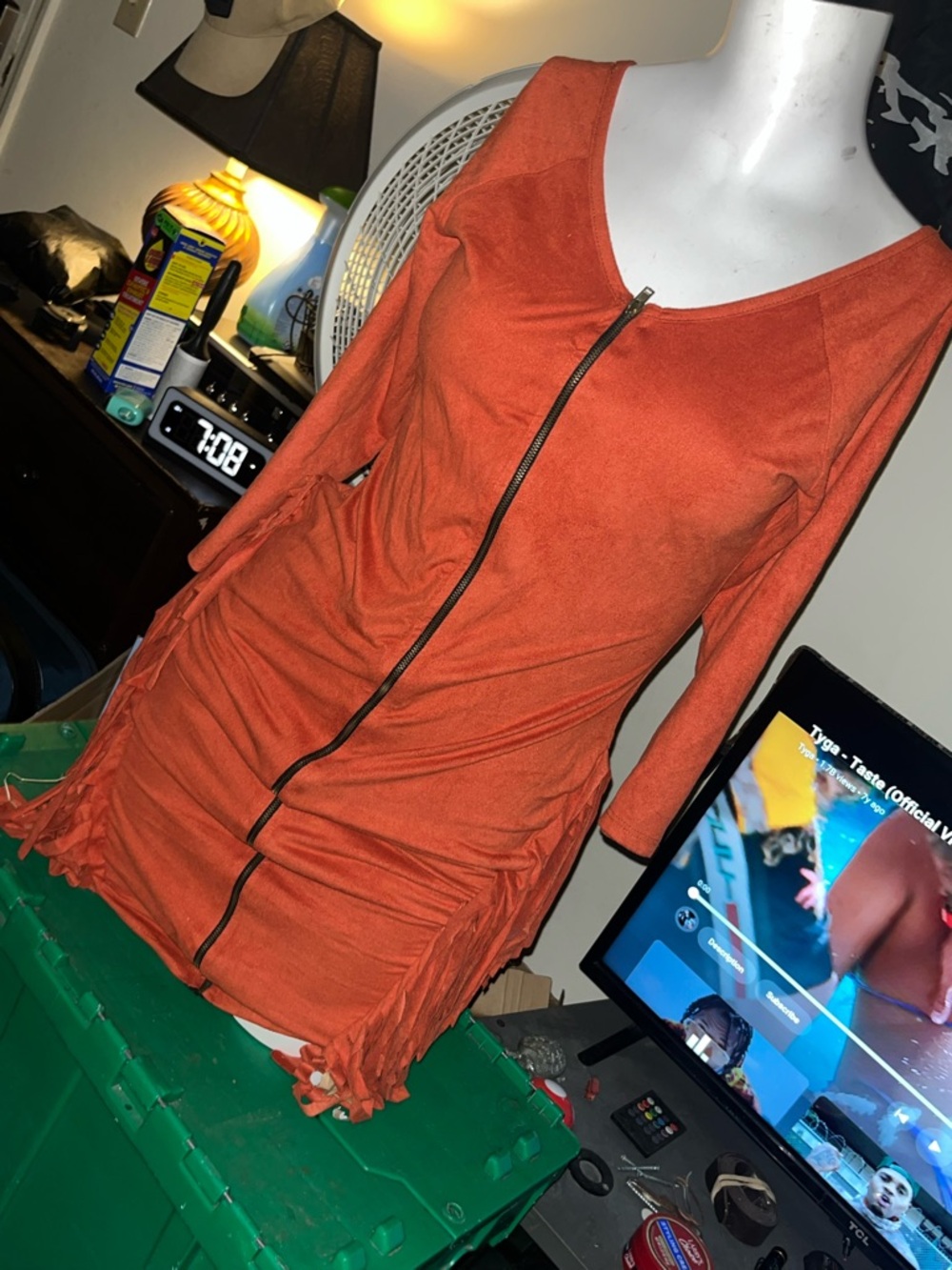 Orange Zip-Front Fringe Dress